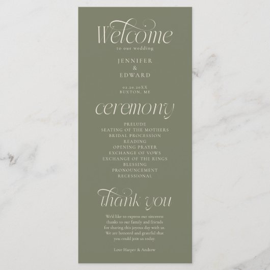 Moderne Typografie Salbeigrüne Hochzeitsprogramm Programm (Vorderseite)