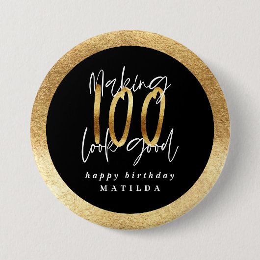 Moderne Typografie schwarz und gold 100. Geburtsta Button (Vorderseite)