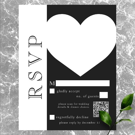 Moderne Typografie Schwarz-weiß Heart Wedding QR RSVP Karte