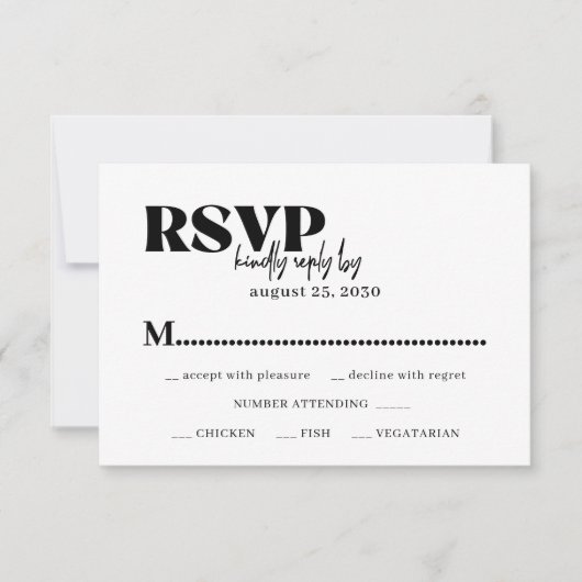 Moderne Typografie Schwarz-weiße Mahlzeiten Wahl H RSVP Karte (Vorderseite)