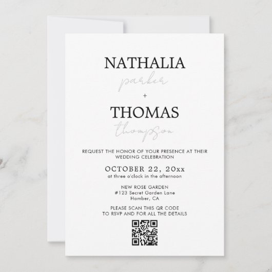 Moderne Typografie Script Foto QR Code Hochzeit Einladung (Vorderseite)