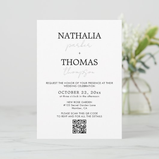 Moderne Typografie Script Foto QR Code Hochzeit Einladung (Stehend Vorderseite)
