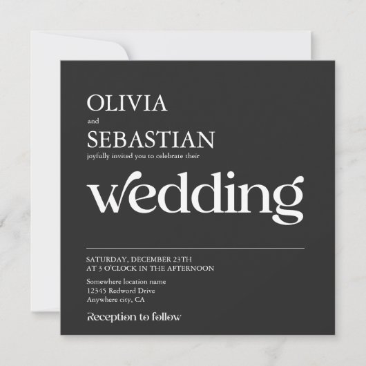 Moderne Typografie Square Foto Black Wedding Einladung (Vorderseite)
