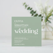 Moderne Typografie Square Foto Sage Green Wedding Einladung (Stehend Vorderseite)