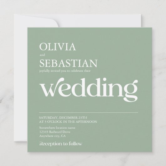 Moderne Typografie Square Foto Sage Green Wedding Einladung (Vorderseite)