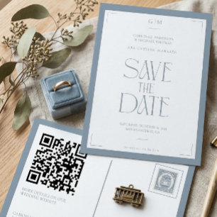 Moderne Typografie Staubblau Save the Date Postkarte