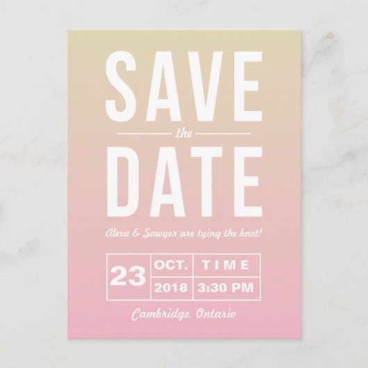 Moderne Typografie Sunset Ombre Save the Date Ankündigungspostkarte (Vorderseite)