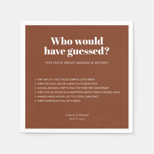 Moderne Typografie Terracotta Wedding Fun Fakten Serviette (Vorderseite)