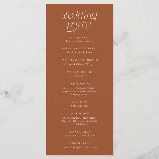 Moderne Typografie Terrakotta-Hochzeitsprogramm Programm (Rückseite)