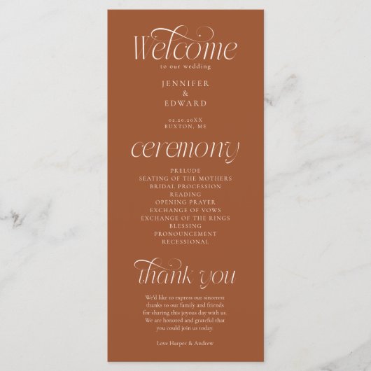Moderne Typografie Terrakotta-Hochzeitsprogramm Programm (Vorderseite)