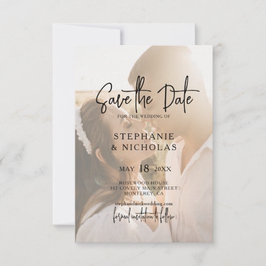 Moderne Typografie Transparentes Foto Hochzeit Save The Date (Vorderseite)