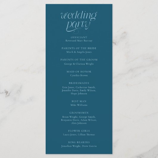 Moderne Typografie Türkise Hochzeitsprogramm Programm (Rückseite)