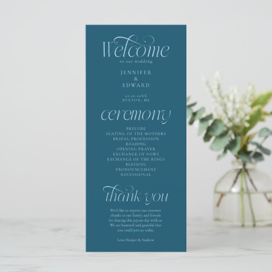 Moderne Typografie Türkise Hochzeitsprogramm Programm (Stehend Vorderseite)