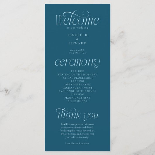 Moderne Typografie Türkise Hochzeitsprogramm Programm (Vorderseite)