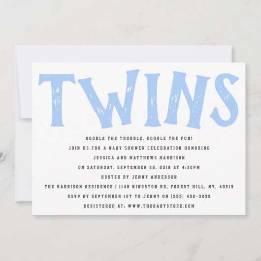 Moderne Typografie Twin Boys Baby Dusche Einladung (Vorderseite)