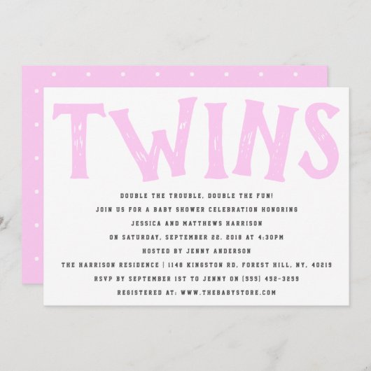Moderne Typografie Twin Girls Babydusche Einladung (Vorne/Hinten)