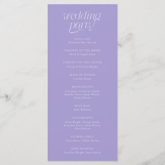 Moderne Typografie Violettes Hochzeitsprogramm Programm (Rückseite)