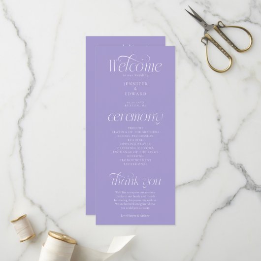 Moderne Typografie Violettes Hochzeitsprogramm Programm (Vorderseite/Rückseite Beispiel)