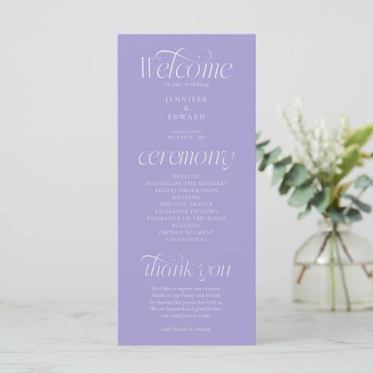 Moderne Typografie Violettes Hochzeitsprogramm Programm (Stehend Vorderseite)