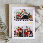 Moderne Typografie Weihnachten Drei Foto<br><div class="desc">Frohe Weihnachten! Senden Sie Weihnachtsgrüße an Familie und Freunde mit dieser anpassbaren Weihnachtsfotokarte aus Gold. Es zeigt einfache Typografie und einen Weihnachtsbaum. Die Texte sind für jede Begrüßung vollständig anpassbar. Diese moderne Weihnachtskarte ist in anderen Folienfarben erhältlich.</div>