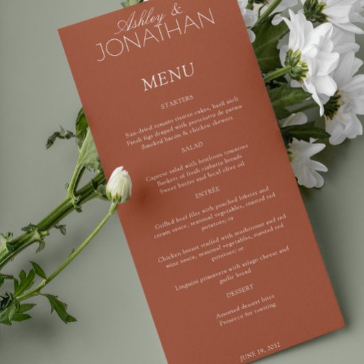 Moderne, typografisch zentrische Hochzeitsempfehlu Menükarte