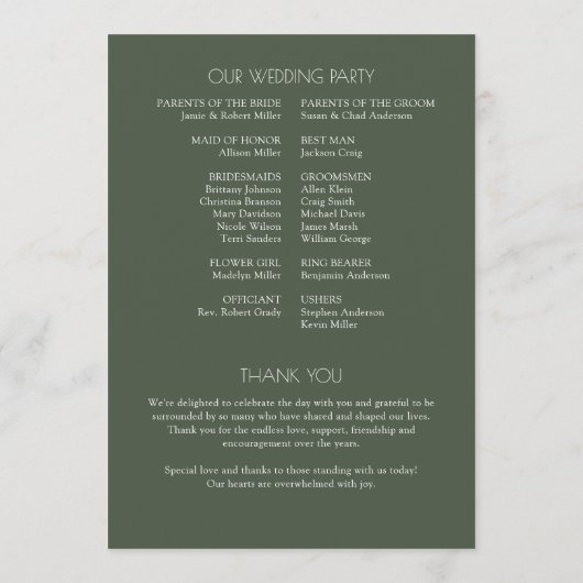 Moderne typografische Hochzeit Programm (Rückseite)