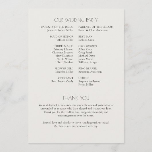 Moderne typografische Hochzeit Programm (Rückseite)