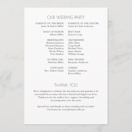 Moderne typografische Hochzeit Programm (Rückseite)