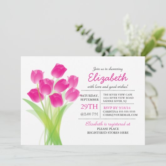 Moderne typografische Pink Tulip Baby Dusche Einladung (Stehend Vorderseite)