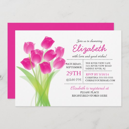 Moderne typografische Pink Tulip Baby Dusche Einladung (Vorne/Hinten)