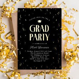 Moderne Typografy Black and Gold Graduation Party Folieneinladung