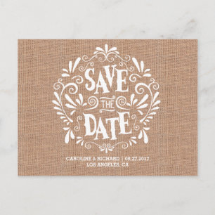 MODERNE TYPOGRAPHIE BURLAP SAVE THE DATE POSTCA ANKÜNDIGUNGSPOSTKARTE