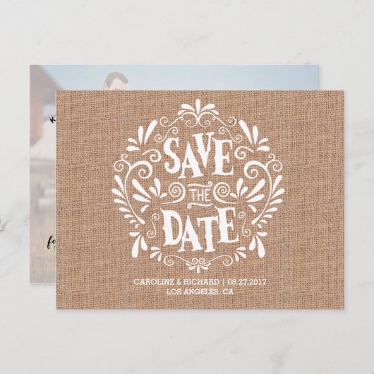 MODERNE TYPOGRAPHIE | BURLAP |SAVE THE DATE POSTCA ANKÜNDIGUNGSPOSTKARTE (Vorne/Hinten)
