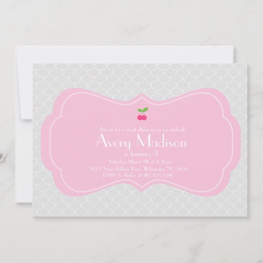 Moderne u. süße Kirscheinladung - Rosa und Grau Einladung (Vorderseite)