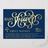 Moderne Überraschung Blue Baby Dusche Gold gepress Folieneinladung (Vorderseite)