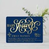 Moderne Überraschung Blue Baby Dusche Gold gepress Folieneinladung (Stehend vorne)