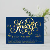 Moderne Überraschung Blue Baby Dusche Gold gepress Folieneinladung (Stehend vorne)