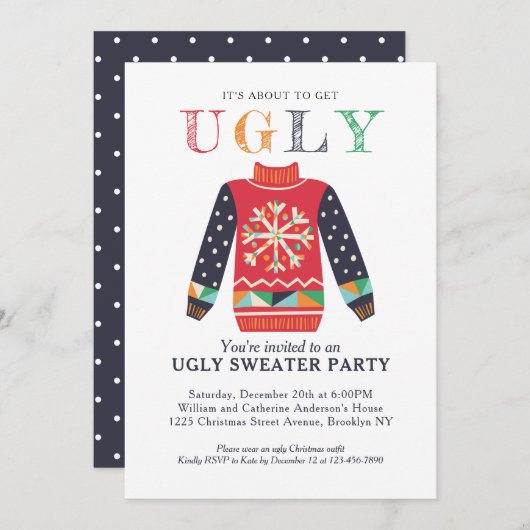 Moderne Ugly Sweater Holiday Party Weihnachten Einladung (Vorne/Hinten)