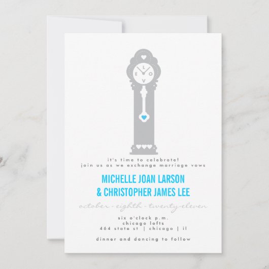 Moderne Uhr mit den Herzen, die Einladung Wedding (Vorderseite)