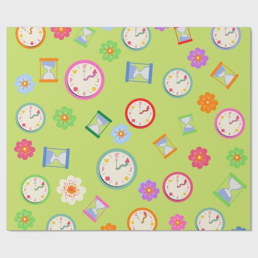 Moderne Uhren und Blume, grünes Party Geschenkpapier (Flach)