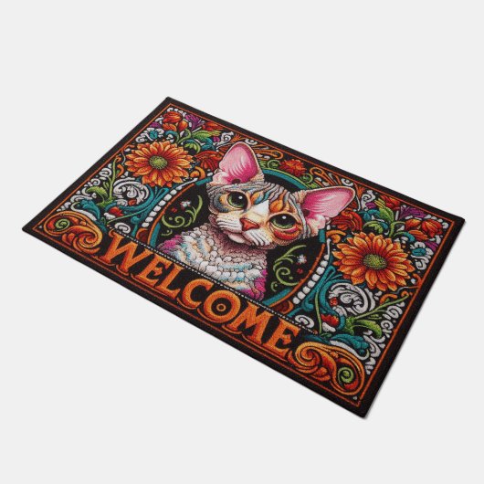 Moderne und bezaubernde Devon Rex Cat Vibranly Wil Fußmatte (Schrägansicht)