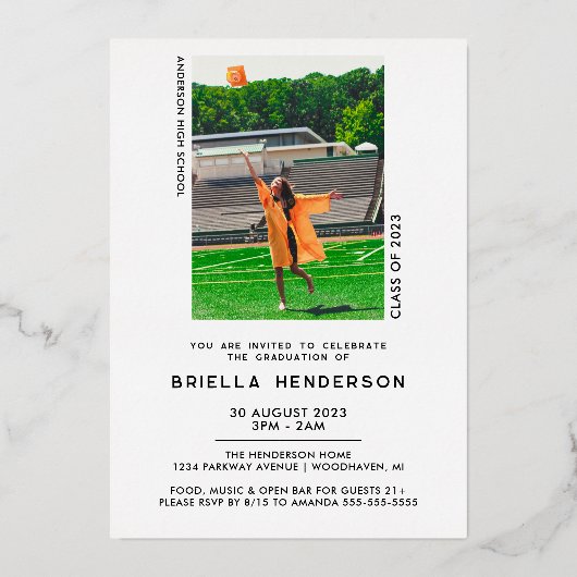 Moderne und elegante Foto Graduation Party Folieneinladung (Rückseite)