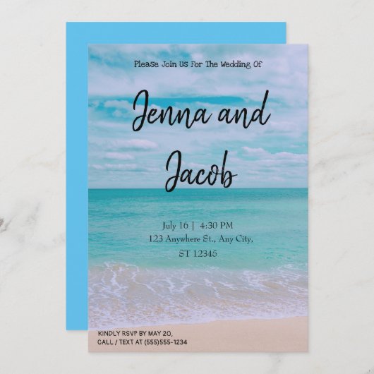 Moderne und elegante Hochzeitsfeier am Strand Einladung (Vorne/Hinten)