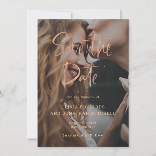 Moderne und elegante Rose Gold Custom Foto Wedding Save The Date (Vorderseite)