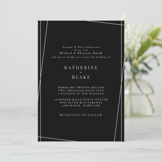 Moderne und elegante Schwarz-Weiß-Geometrische Hoc Einladung (Stehend Vorderseite)