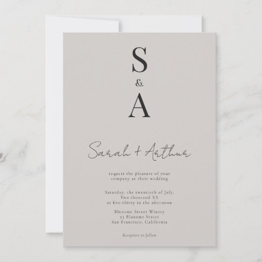 Moderne und elegante Script- und Monogram-Hochzeit Einladung (Vorderseite)