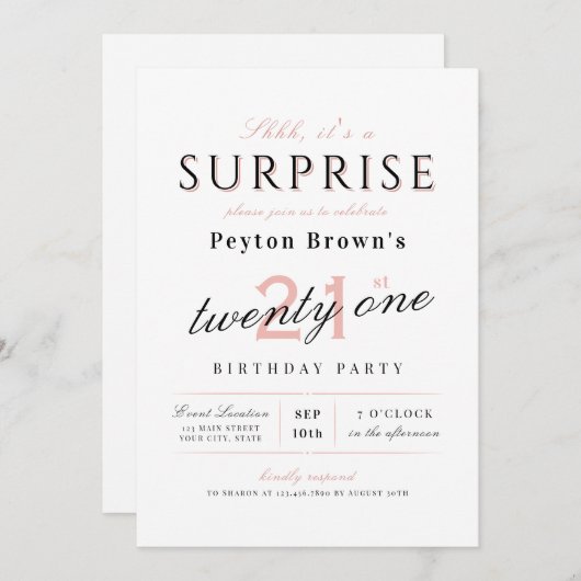 Moderne und elegante Überraschung zum 21. Geburtst Einladung (Vorne/Hinten)