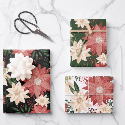 Moderne und festliche Botanische Poinsettie Geschenkpapier Set (Vorderseite)