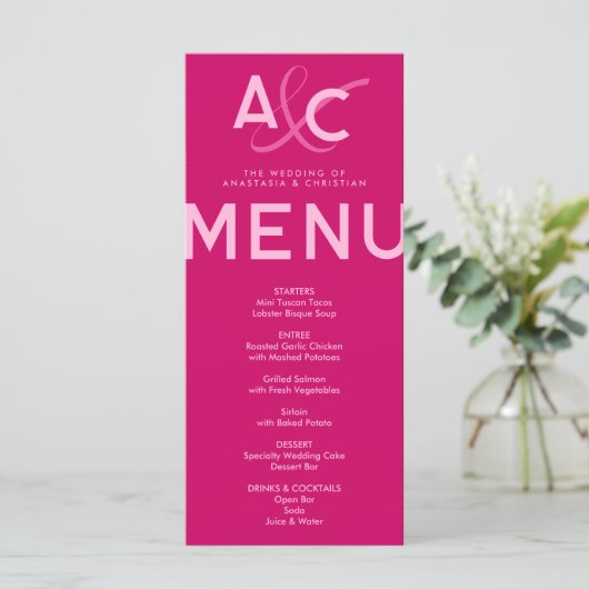Moderne und kühne Magenta Wedding Menu Card Programm (Stehend Vorderseite)