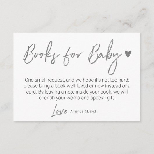 Moderne und minimale Bücher für Baby Silver Script Begleitkarte (Vorderseite)
